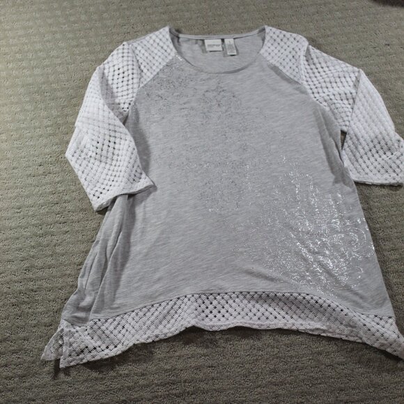 Chico's Tops - Zenergy by Chico's Size 8 Grey, Silver and White Lace Trimmed Shirt